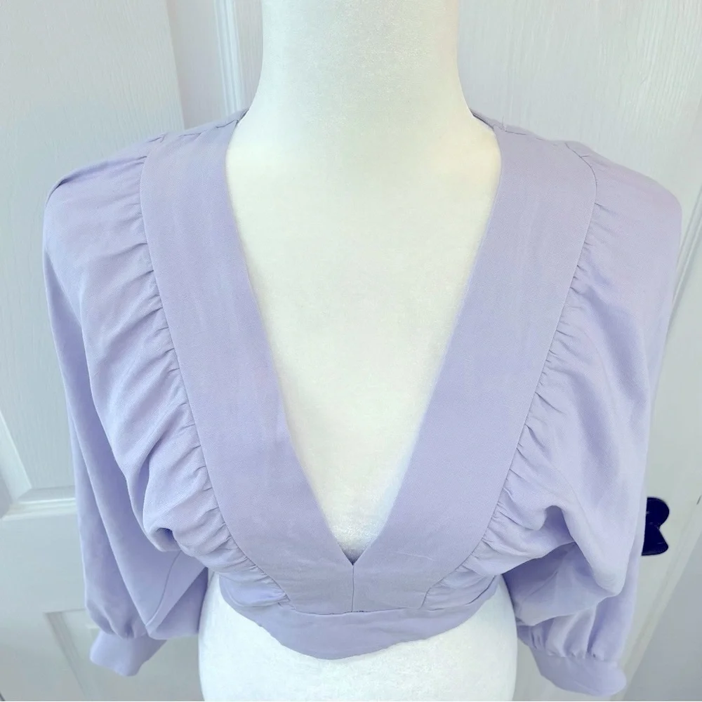 ZARA Women’s Y2K Linen Blend Dolman Sleeve Top Women’s XS Pastel Purple V-Neck - Picture 3 of 8